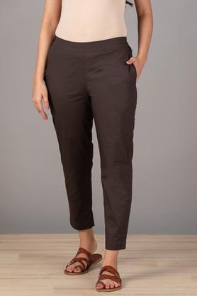 solid straight fit cotton lycra women's casual wear pants - grey