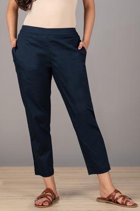 solid straight fit cotton lycra women's casual wear pants - navy