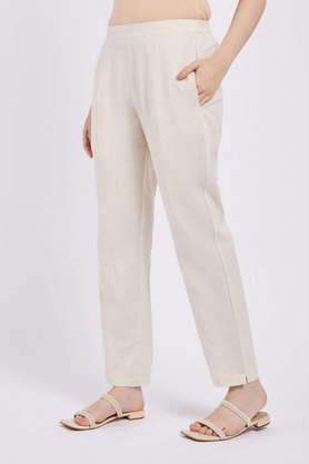 solid straight fit cotton women's casual wear pants - ivory