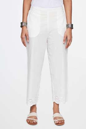 solid straight fit cotton women's casual wear pants - white