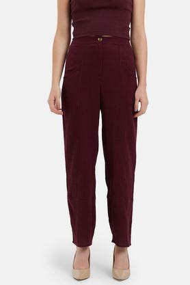 solid straight fit cotton women's casual wear trousers - wine