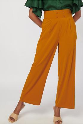 solid straight fit polyester women's casual wear pants - mustard