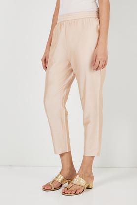 solid straight fit polyester women's festive wear pant - gold