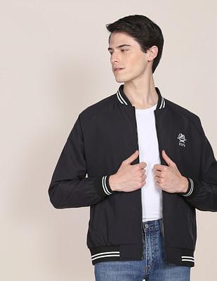 solid striped collar polyester bomber jacket