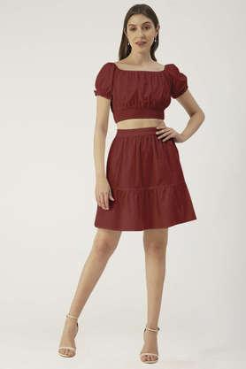 solid summer 2 pcs set for women off-shoulder crop top - mini skirt coord set - maroon