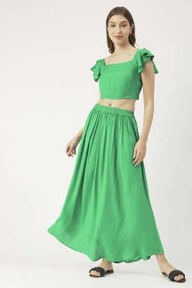 solid summer coord set for womens viscose rayon 2 pcs set crop top and skirt set - green