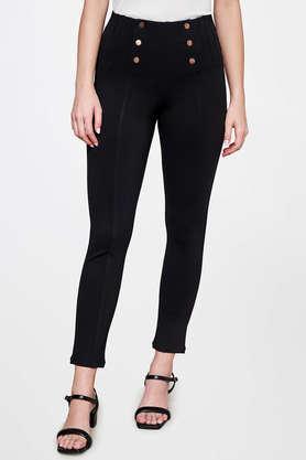 solid tapered fit rayon women's formal wear pants - black