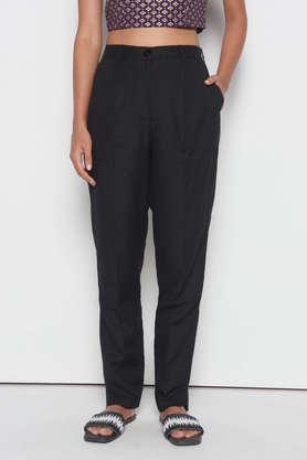 solid tapered fit viscose women's casual wear pant - black