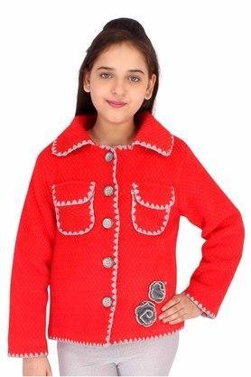 solid tweed collar neck girls jacket - red