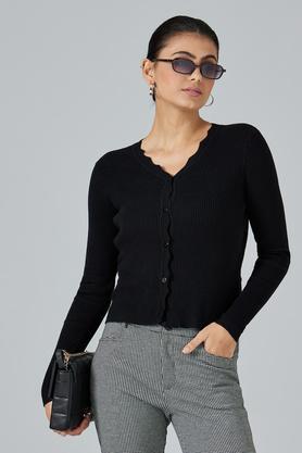 solid v neck acrylic women's cardigan - black