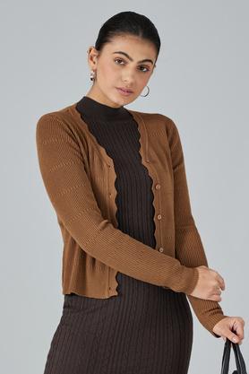 solid v neck acrylic women's cardigan - taupe