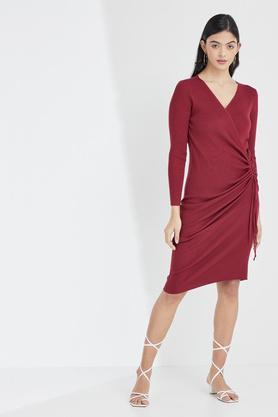 solid v neck acrylic women's midi dress - maroon