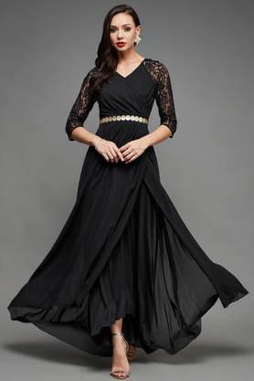 solid-v-neck-georgette-women's-maxi-dress---black