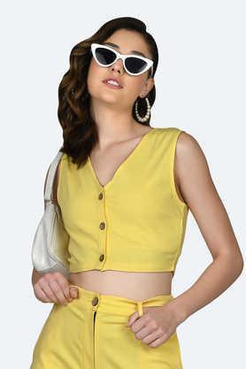 solid v neck polyester blend women's casual wear jacket - yellow