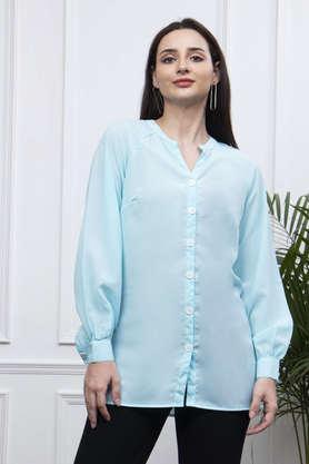 solid v neck polyester women's casual wear shirt - blue