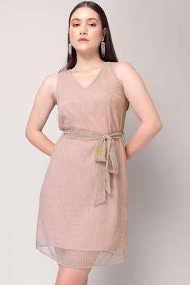 solid v neck polyester women's mini dress - pink