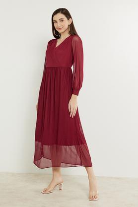 solid v neck polyester women's mini dress - wine
