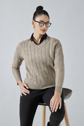 solid v neck polyester women's sweatshirt - natural