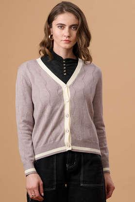 solid v-neck acrylic women's casual wear cardigan - khaki
