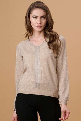 solid v-neck acrylic women's casual wear sweater - khaki
