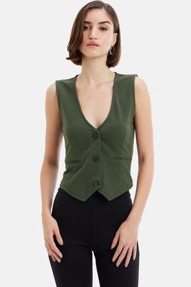 solid v-neck blended fabric women's casual wear waistcoat - olive
