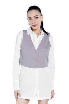 solid v-neck blended fabric women's formal wear jacket - purple