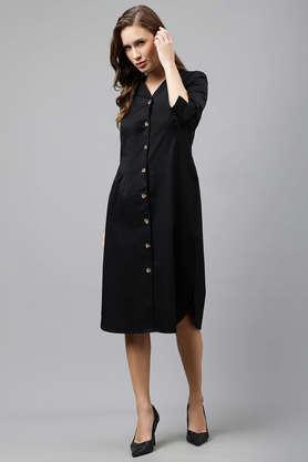 solid-v-neck-cotton-women's-dress---black