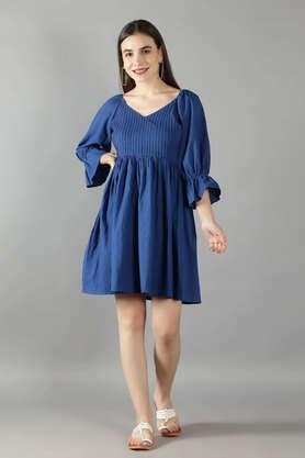solid v-neck cotton women's dress - blue