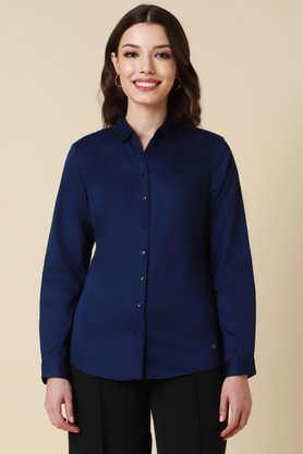 solid v-neck cotton women's formal wear shirt - mid blue