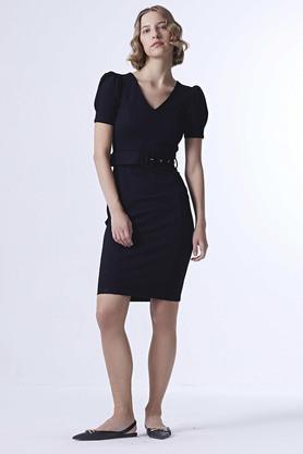 solid v-neck polyester women's dress - black