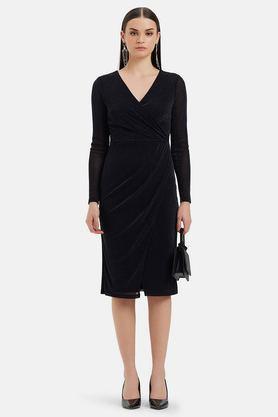solid v-neck polyester women's dress - black