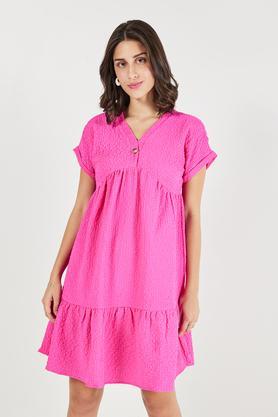 solid v-neck polyester women's dress - pink