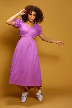 solid v-neck polyester women's dress - purple