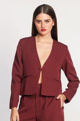 solid v-neck polyester women's formal wear blazer - maroon