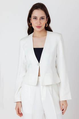 solid v-neck polyester women's formal wear blazer - white