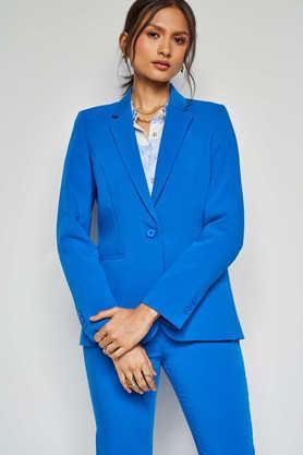 solid v-neck polyester women's formal wear jacket - blasted blue