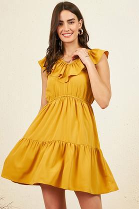 solid v-neck polyester women's knee length dress - mustard