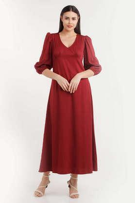 solid v-neck polyester women's maxi dress - maroon