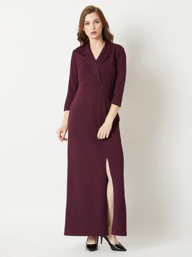 solid v-neck polyester women's maxi dress - wine