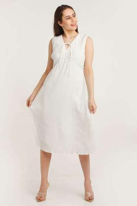 solid v-neck polyester women's midi dress - white