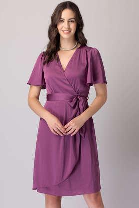 solid v-neck polyester women's wrap dress with belt - pink