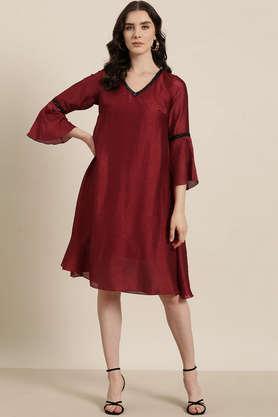 solid v-neck silk women's dress - maroon