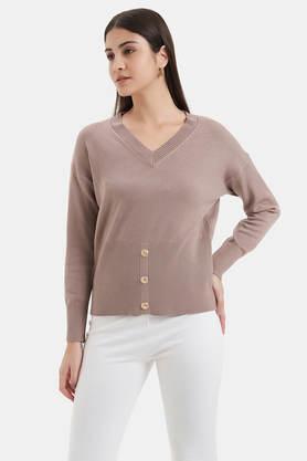 solid v-neck viscose women's party wear pullover - khaki