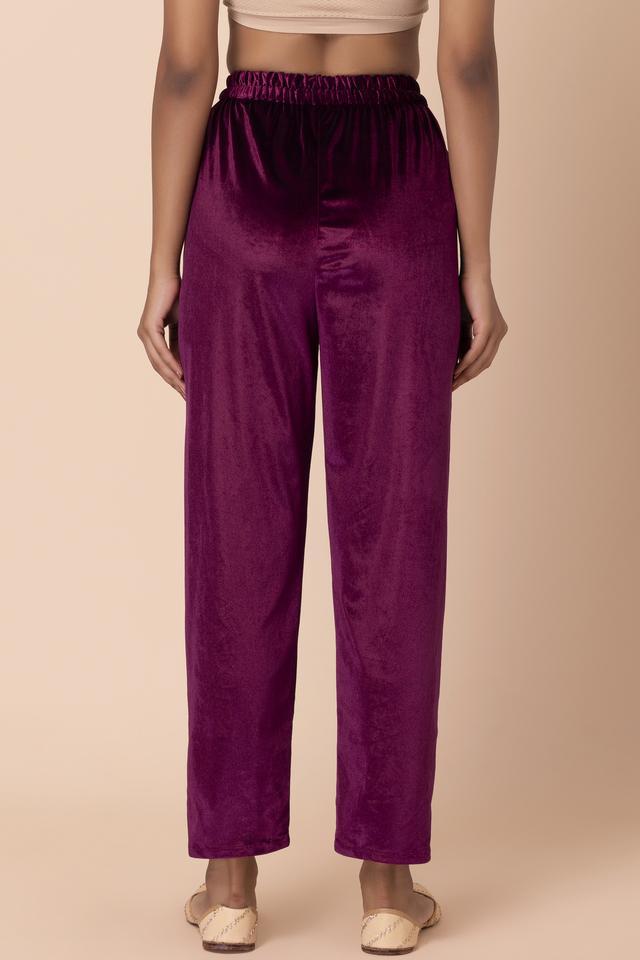 solid velvet regular fit women's casual trousers - purple