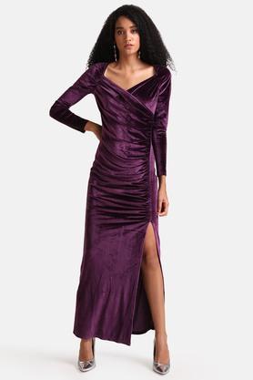solid velvet v neck women's maxi dress - purple