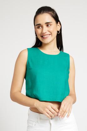 solid-viscose-blend-round-neck-women's-top---green