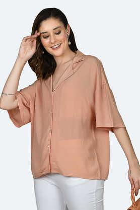 solid viscose collared women's shirt - peach