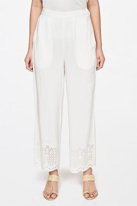 solid viscose regular fit women's casual wear pants - off white