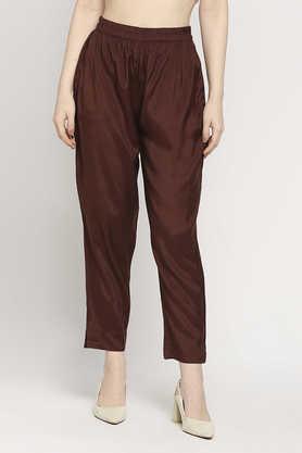 solid viscose relaxed fit women's pants - dark brown