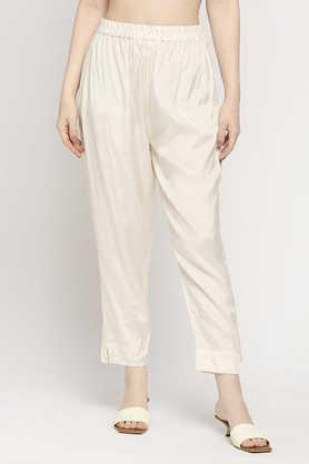 solid viscose relaxed fit women's pants - white